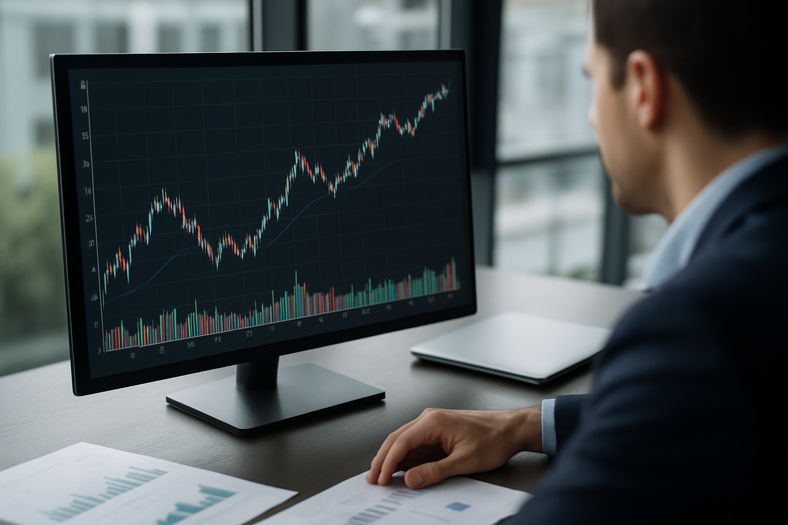 Andamento del cambio euro-dollaro con indicazione di volumi di scambio in aumento