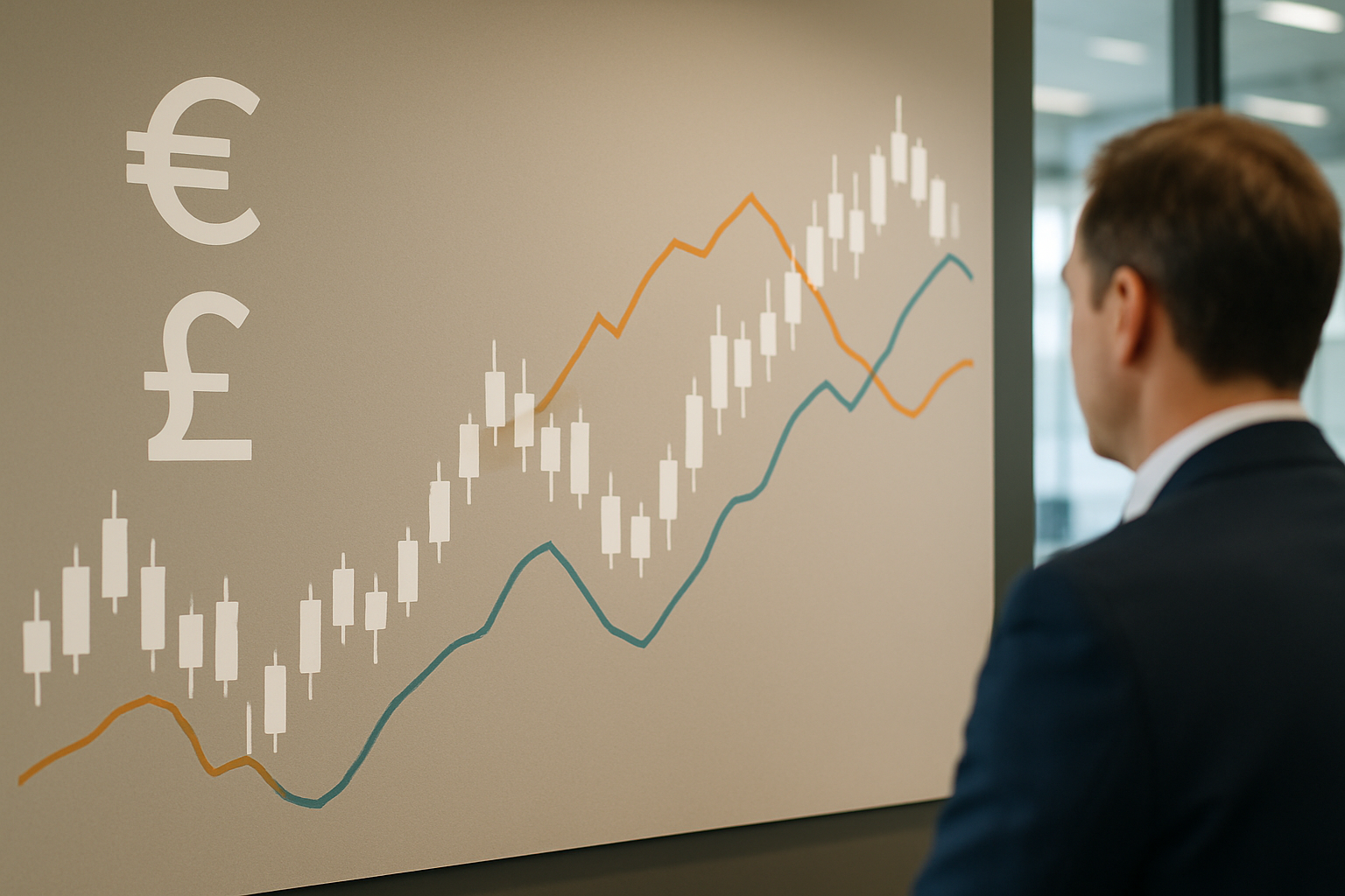 Andamento stilizzato del cambio euro-sterlina con grafico finanziario astratto