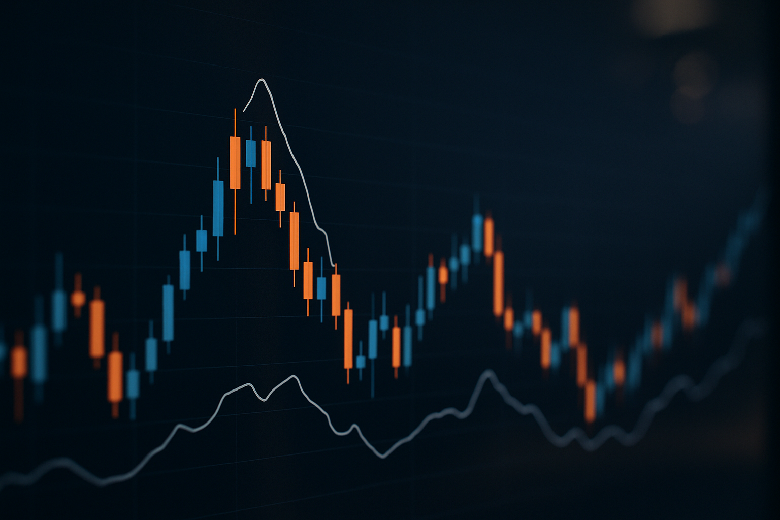 Grafico forex stilizzato che rappresenta la volatilità notturna e un dollaro in indebolimento