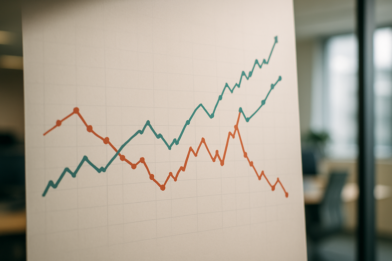 Andamento astratto del cambio euro-yuan in lieve flessione con linee di trend