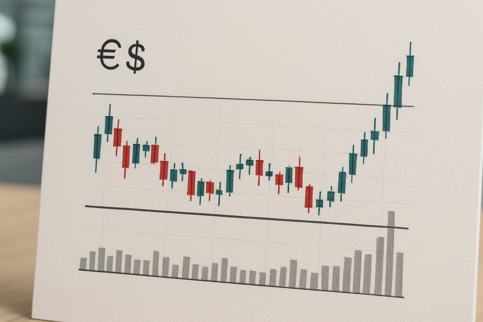 Grafico del cambio EUR/USD in fase di consolidamento con scambi in aumento nel finale di seduta