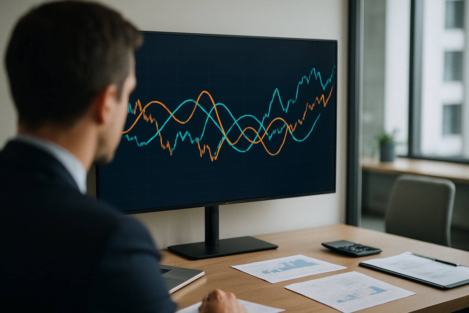 Linee di mercato intrecciate che rappresentano movimenti sincronizzati nel Forex durante tensioni geopolitiche