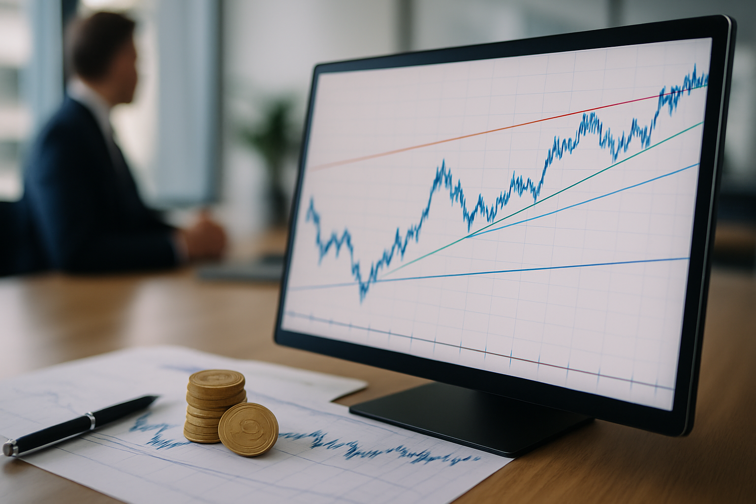 Rappresentazione astratta di un grafico forex con supporto e resistenza durante una fase di accumulo