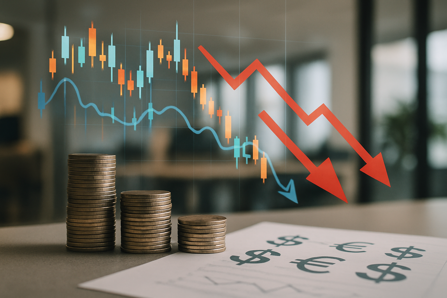 Andamento stilizzato dei cambi emergenti con indicazione di flussi in uscita e aumento della volatilità