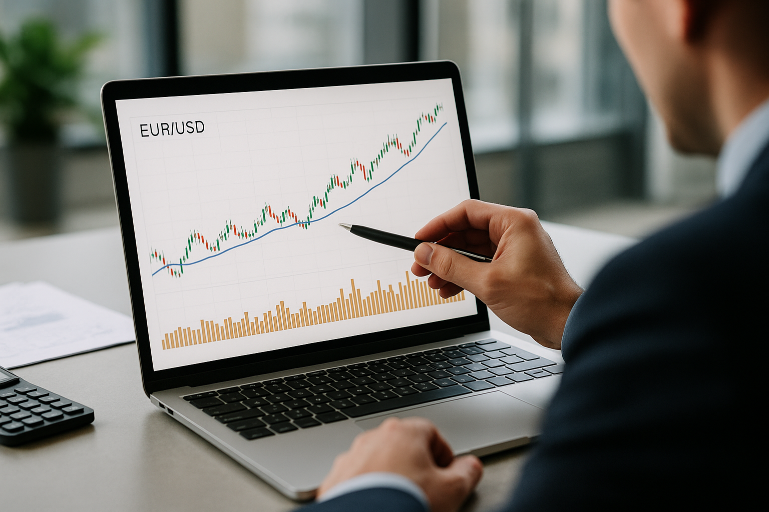 Andamento del cambio EUR/USD con media mobile settimanale e volumi di scambio in aumento