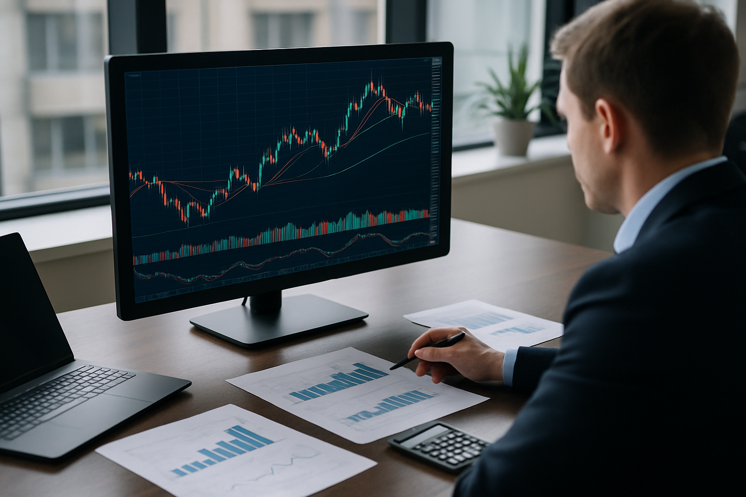 Grafici del mercato Forex su monitor in un ufficio finanziario