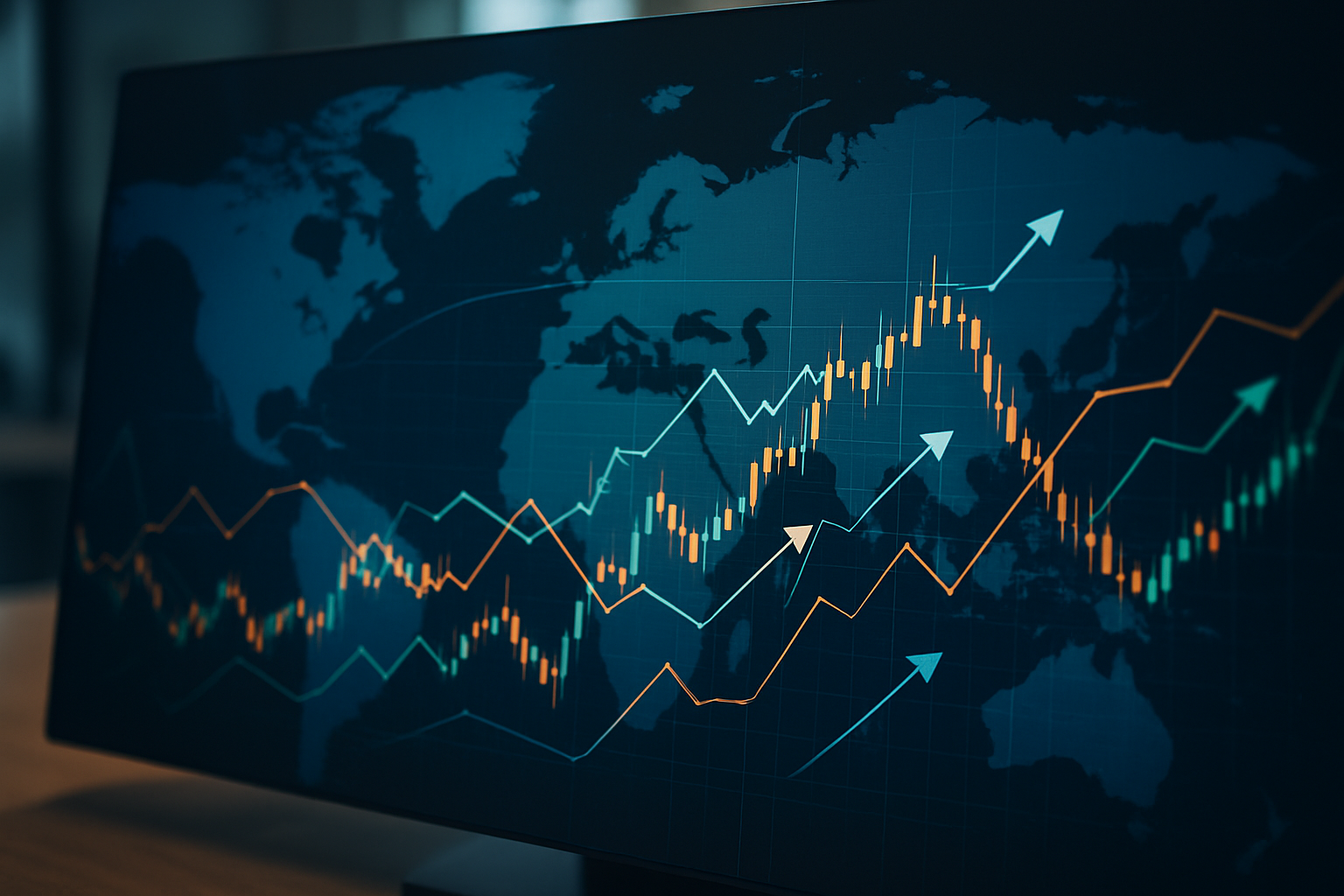 Rappresentazione astratta dei flussi nel mercato Forex durante aumento del rischio geopolitico