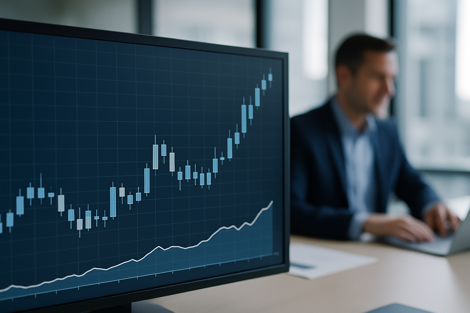 Grafico forex stilizzato con rimbalzo della sterlina e volumi in aumento nel finale di seduta